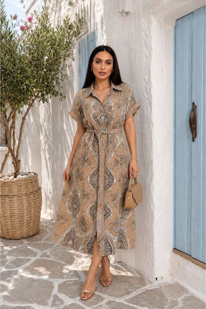 Women's Dress Long Patterned Buttoned Short Sleeve Belted Shirt Collar Summer Viscose Dress