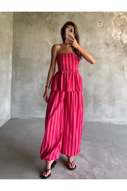 Pink Striped Poplin Blouse and Pants Set - 4182