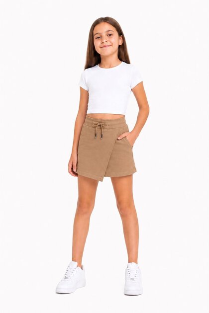Beige Girls' Basic School Shorts Skirt with Elastic Waist 24741