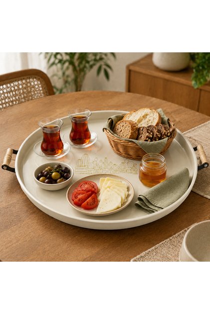 55 cm Ahşap Kulplu Krem Büyük Boy Yuvarlak Metal Servis Tepsisi Kaktüs Desenli