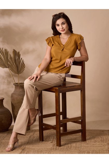 Mustard V-Neck Top With Flutter Sleeves