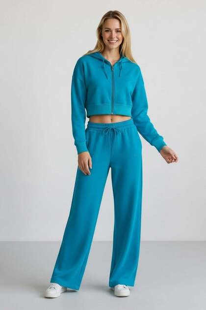 Women's Turquoise Two-Thread Relaxed Fit Hooded Zipper Crop Wide Leg Sweatpants Set - 7940