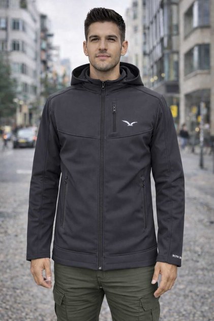 Men's Smoked Fleece-Lined Water and Wind-Resistant Outdoor Softshell Coat with Detachable Hood