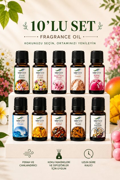 10’lu Esansiyel Koku Yağı Seti 10 ml – Buhurdanlık Hava Nemlendirici ve Aroma Difüzör Uyumlu Karışık Kokular