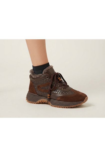Genuine Leather Suede Decorated Zippered Lace-Up Fur Lined Boots Women's Shoes