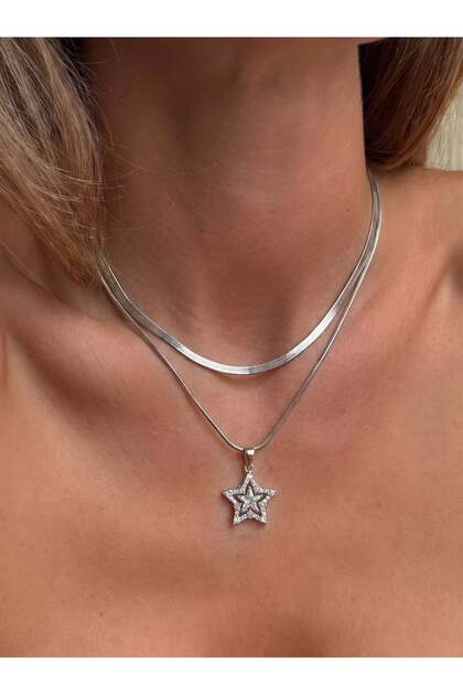 Women's Silver Color Stone Star 2-Piece Steel Necklace