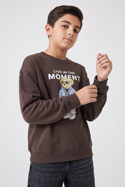 Boy's Teddy Bear Printed Crew Neck Sweatshirt