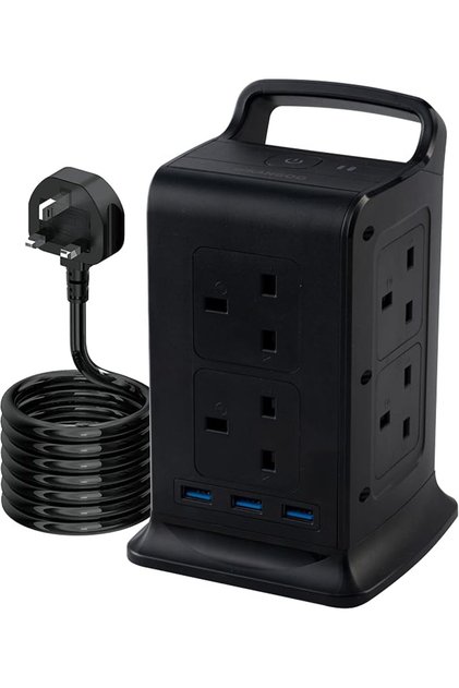 Tower Extension Lead Surge Protection (13A 2990W) with 3 USB Slots,12 Way Multi Plug Extension Power