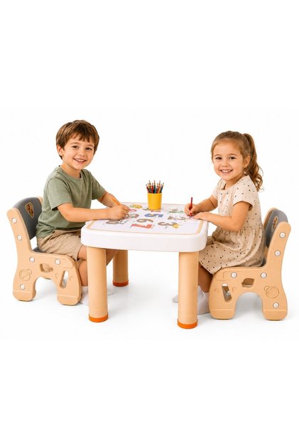 Set masuta cu sertare si 2 scaunele cu spatar pentru copii, Learning Table Orange, design ergonomic,