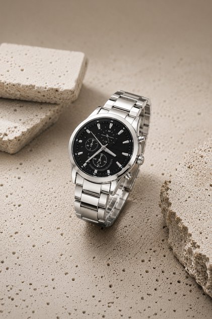 Men's Wristwatch Steel Band Black Dial Chronograph Look Silver Color Metal Case Stylish and Modern Sport Classic Men's Watch