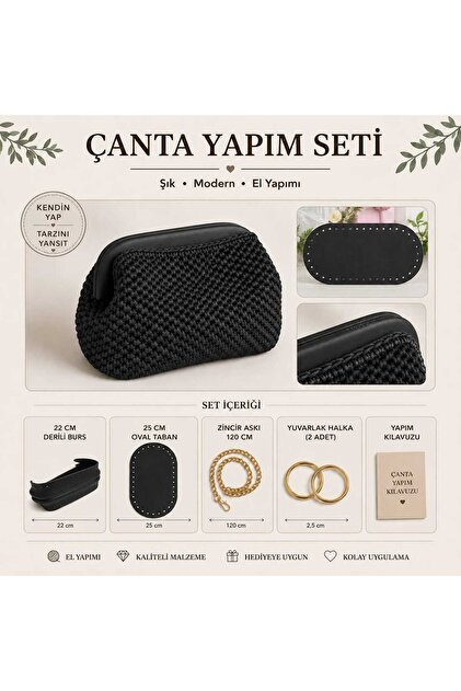 22 Cm Derili Burs Çanta Yapım Seti 25 Cm Oval Taban 120 Cm Zincir Askı El Yapımı Çanta Malzemesi Hobi Seti