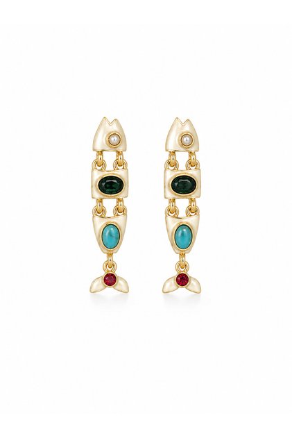 Steel color stone detailed fish earrings