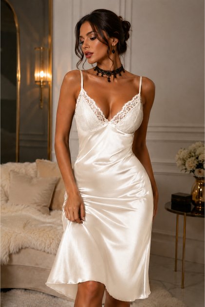 Ecru Lace Detailed Satin Nightgown