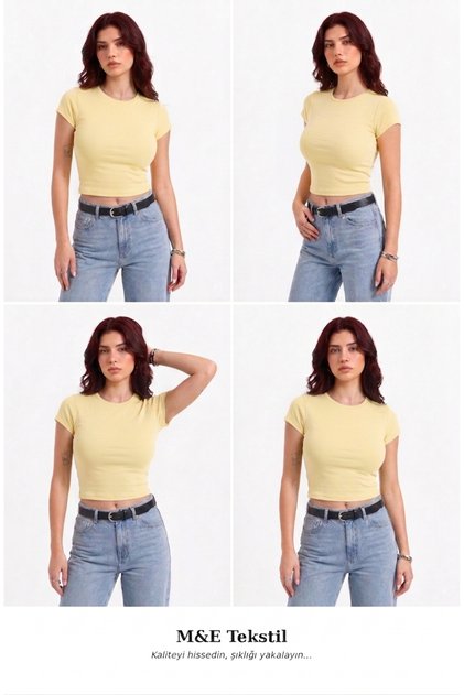 Kadın Sarı Bisiklet Yaka Pamuklu Likralı Kısa Kol Body Crop Bluz
