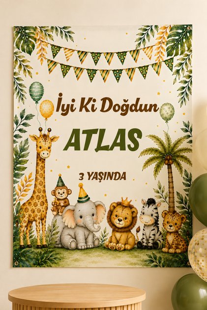 Safari Temalı Kişiye Özel Çocuk Doğum Günü Afişi - Dikey Vinil Branda Pankart