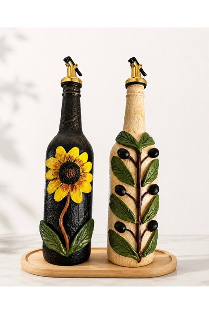 2’li El Yapımı 750 ml Yağdanlık Seti | Zeytin & Ayçiçeği Motifli Dekoratif Cam Şişe | Sızdırmaz Gold Başlıklı