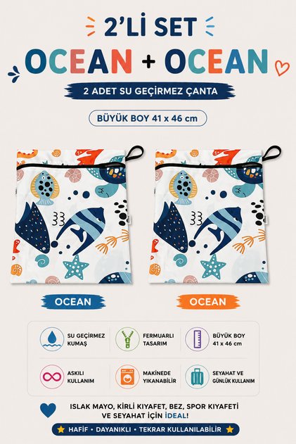 Ocean 2 Adet Büyük Boy Su Geçirmez Çanta Islak Mayo Havlu Kirli Çamaşır Çantası 41x46cm