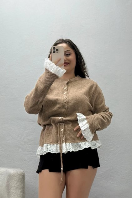 Women's Lace Detailed Knitwear Cardigan Light Brown