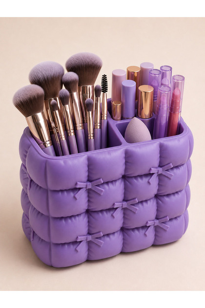 Makeup Organizer Pen Holder 3 Compartments Cosmetic Brush Organizer Desktop Organizer Purple