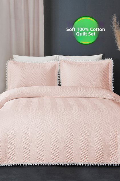 Ollie 100% Cotton Bedspread (Pique) Set Double Pompom Quilted Striped Daily Powder