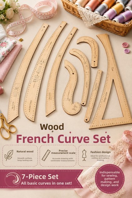 Wooden French Sewing Ruler Set 7 Pieces, Wooden Riga Set, Measuring Printed Sewing Ruler