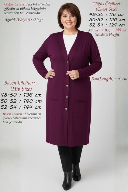 Plus Size Women's Summer 100% Turl Viscose Combed Cotton Jacket Buttoned Long Plum Mother Tunic Stone Cardigan