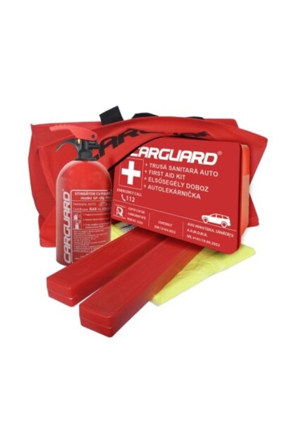 Set complet de trusă medicală, Extinctor, Vestă, 2 triunghiuri reflectorizante, Valabilitate 5 ani