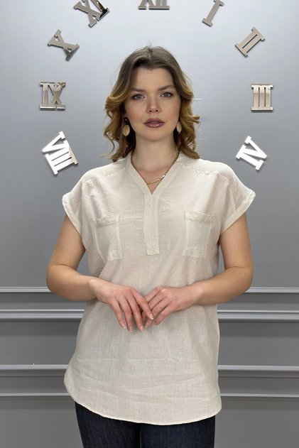 Women's beige color shoulder and pocket mesh detail washed linen fabric short sleeve blouse tunic shirt