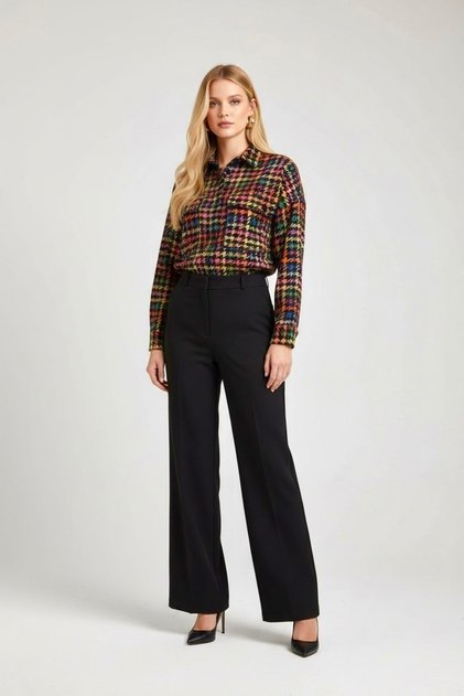 Women's Colorful Houndstooth Rainbow Oversize Two Pocket Stamp Shirt - Thin Cardigan Jacket