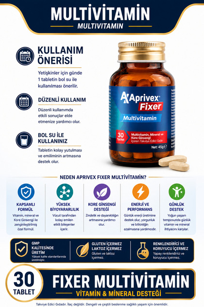 Aprivex Fixer Multivitamin 30 Tablet Kore Ginsengi Vitamin Mineral