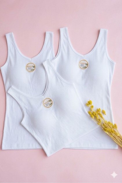 Kadın Atlet Sütyenli V Yaka Modal 3 Adet Beyaz Renk Pedli Atlet-bluz-T-shirt