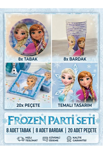 Frozen Elsa Temalı Doğum Günü Parti Seti-Tabak-Bardak-Peçete Seti-8 Kişilik