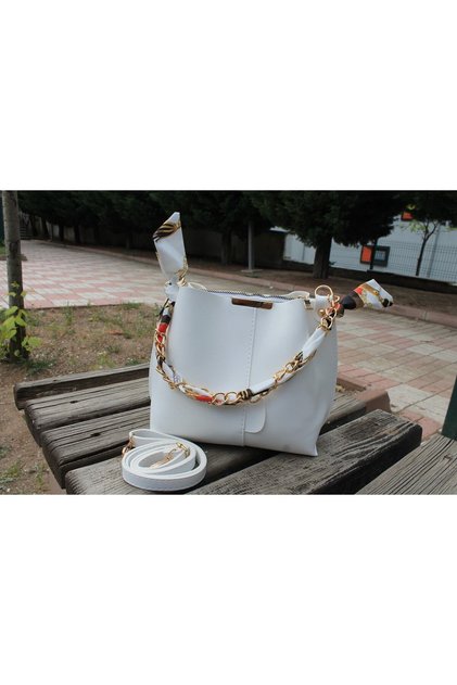 Women's White Scarf Chain-Accented Soft Leather 3-Compartment Handbag and Shoulder Bag