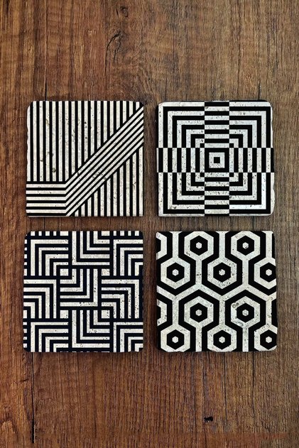 Natural Stone Coasters Set of 4 - Black Line Patterns Printed - Stone Coasters