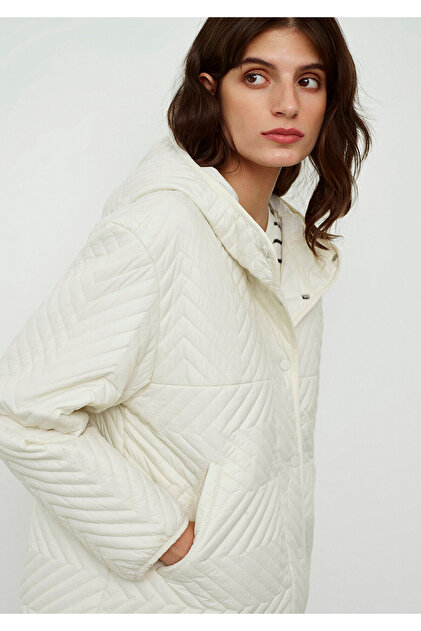 あおい Mavi Kapüşonlu Kapitone Ekru Ceket Loose Fit / Bol Rahat Kesim