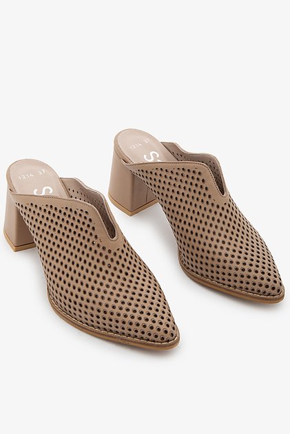 Mink Genuine Leather Perforated Women's Pointed Toe Heeled Slippers
