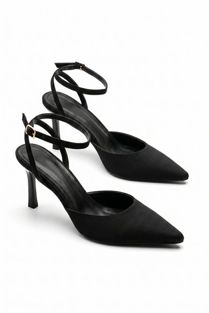 Women's Black Satin Ankle Strap Pointed Toe Stiletto Heeled Shoes Ankle Strap Stiletto Classic Heeled Style