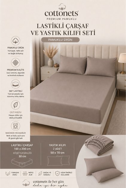 Elastic Bed Sheet Set Including Pillowcases | Double Bed (160X200Cm) + 2 Pillowcases (50X70Cm) | Daily Use