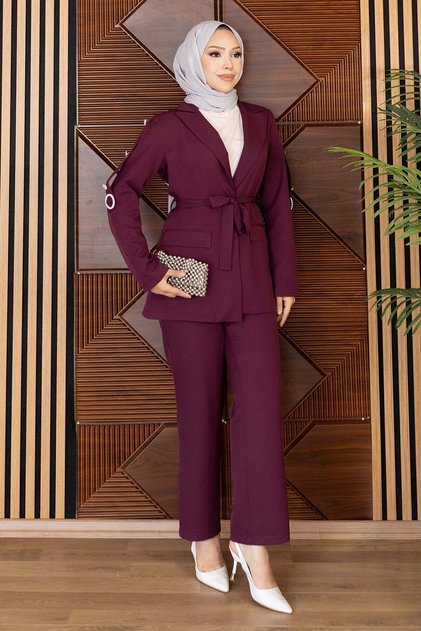 Double-Breasted Collar Button Detailed Suit Plum 19297
