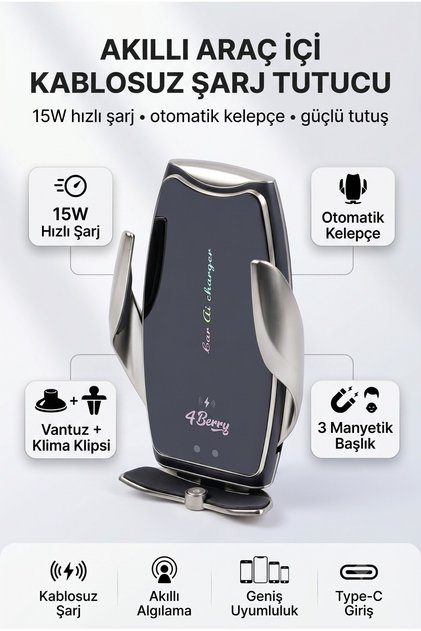A8g Gri Araç Tutucu – 15 W Kablosuz Hızlı Şarj, Otomatik Kıskaçlı
