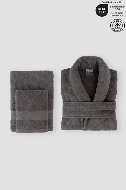 3 Piece Bathrobe Set 100% Cotton Certified, Shalyakalı Bathrobe Body and Head Towel Set Anthracite