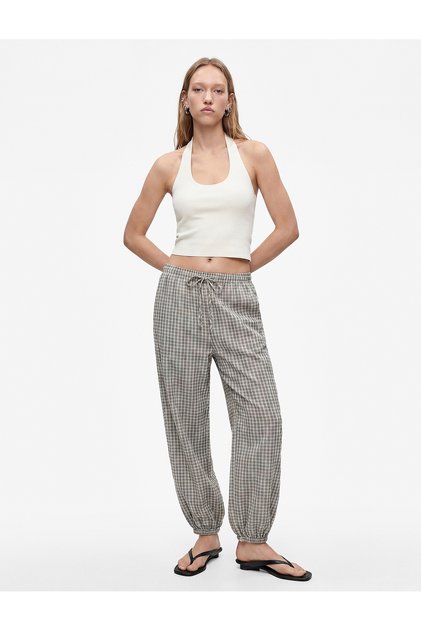 Cotton Lace-Up Waist Comfortable Fit Seersucker Fabric Balloon Pants