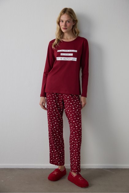 Bordo It's Saturday Pantolon Pijama Takımı