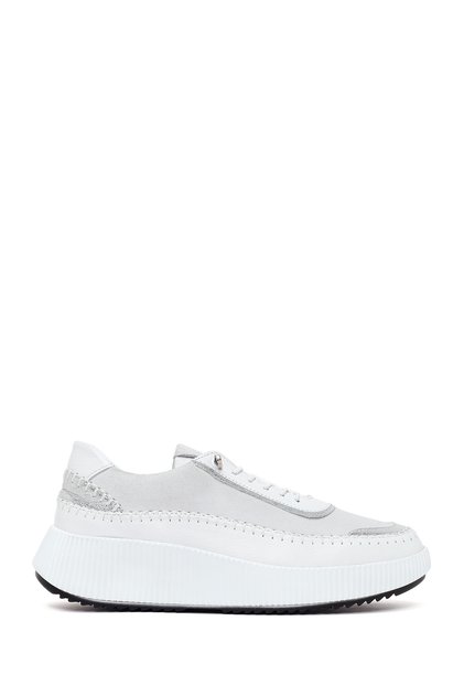 Women's White Lace-Up Thick-Soled Leather Sneaker 26Pfd511614
