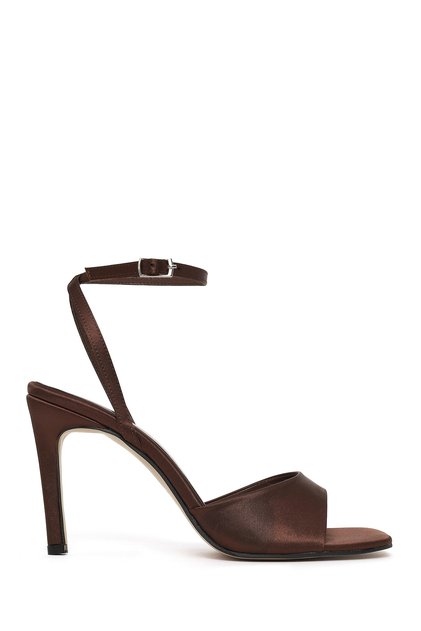 Women's Brown Ankle Buckle High Thin Heeled Fabric Sandals 26Sfe39216F