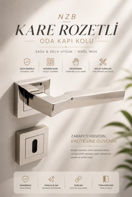(1 TAKIM) Kare Rozetli Oda Kapı Kolu Sağa ve Sola Uygun Nikel İnox Kolları