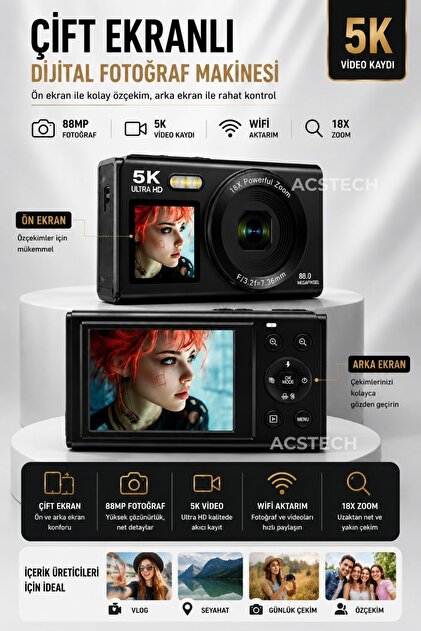 ACSTECH 5K Çift Ekranlı Dijital Fotoğraf Makinesi | 80MP | 18X