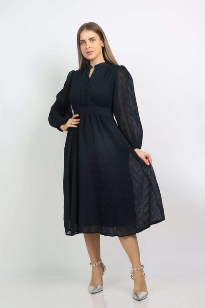 Midi Dress with Fitted Waist and Puff Sleeves