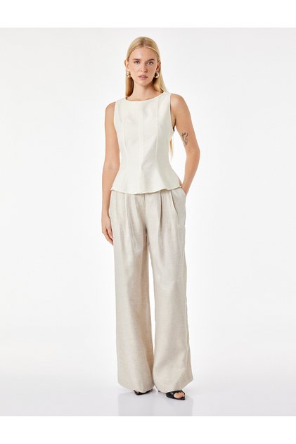 X Melis Ağazat - Regular Waist Wide Leg Linen Blend Trousers with Belt Detail and Pockets