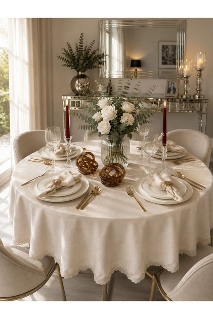Royal Emerald Gold Glitter Lace Detailed Ecru Round Tablecloth (Napkins Not Included)